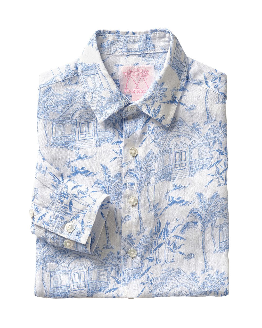 Kids linen shirt in signature blue Pink House Toile de Jouy print by Pink House