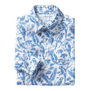 Children's linen shirt in blue Parrot print designer Lotty B Mustique