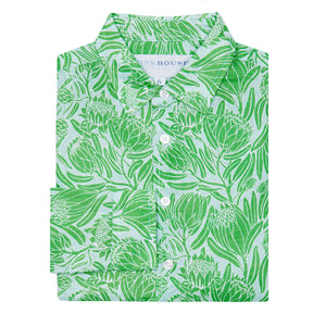 Kids linen shirt in green floral Protea print by designer Lotty B for Pink House Mustique