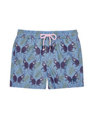 Children's premium sustainable quick dry swim shorts in blue and green monkey print