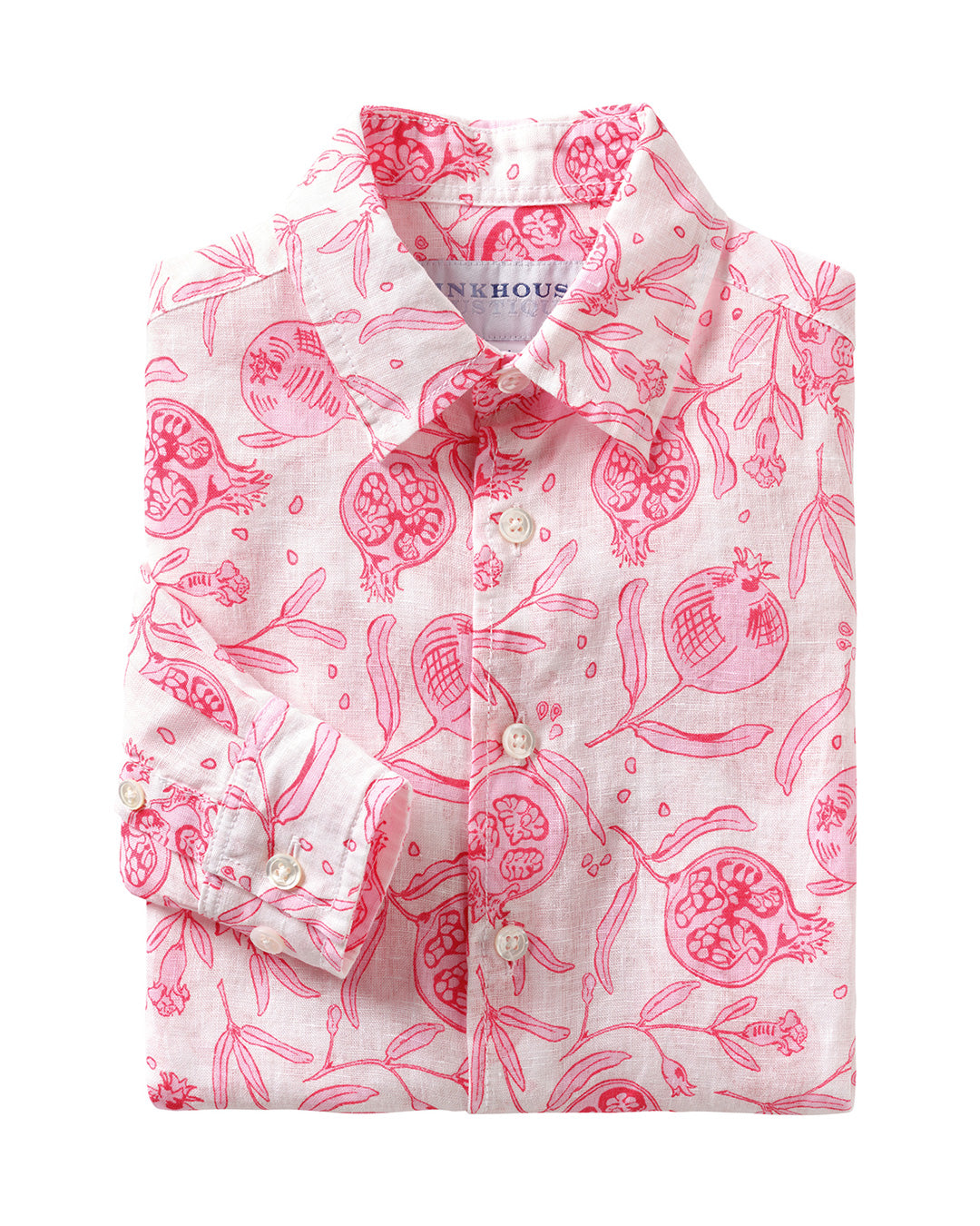 boys linen shirt in white with pint pomegranate print