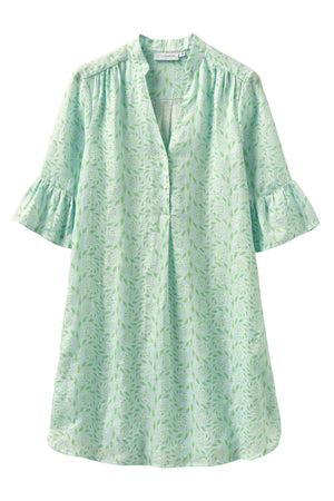Womens linen dress with gathered sleeve in green and pale blue fern print