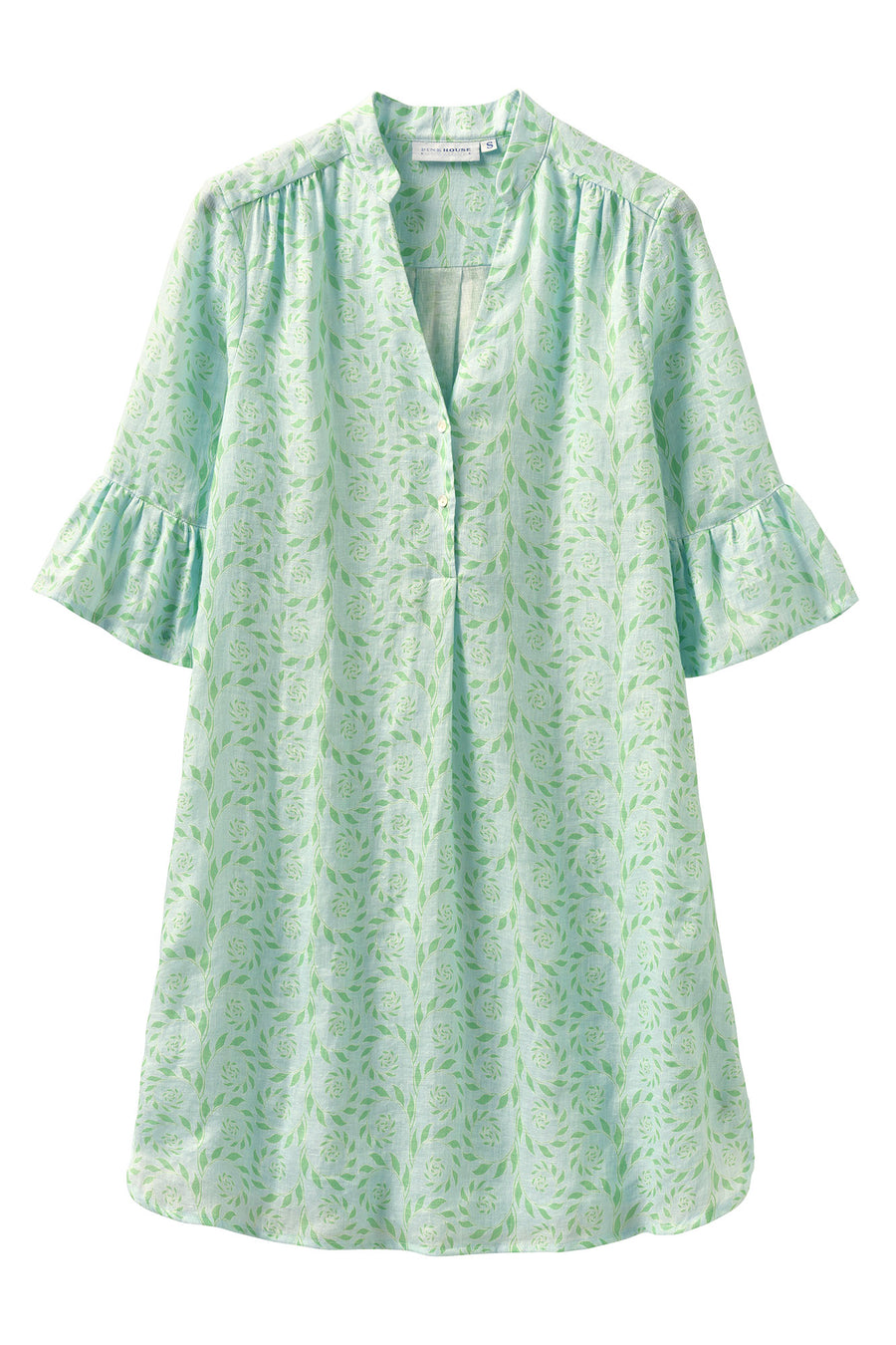 Womens linen beach dress with gathered sleeve in green and pale blue fern print