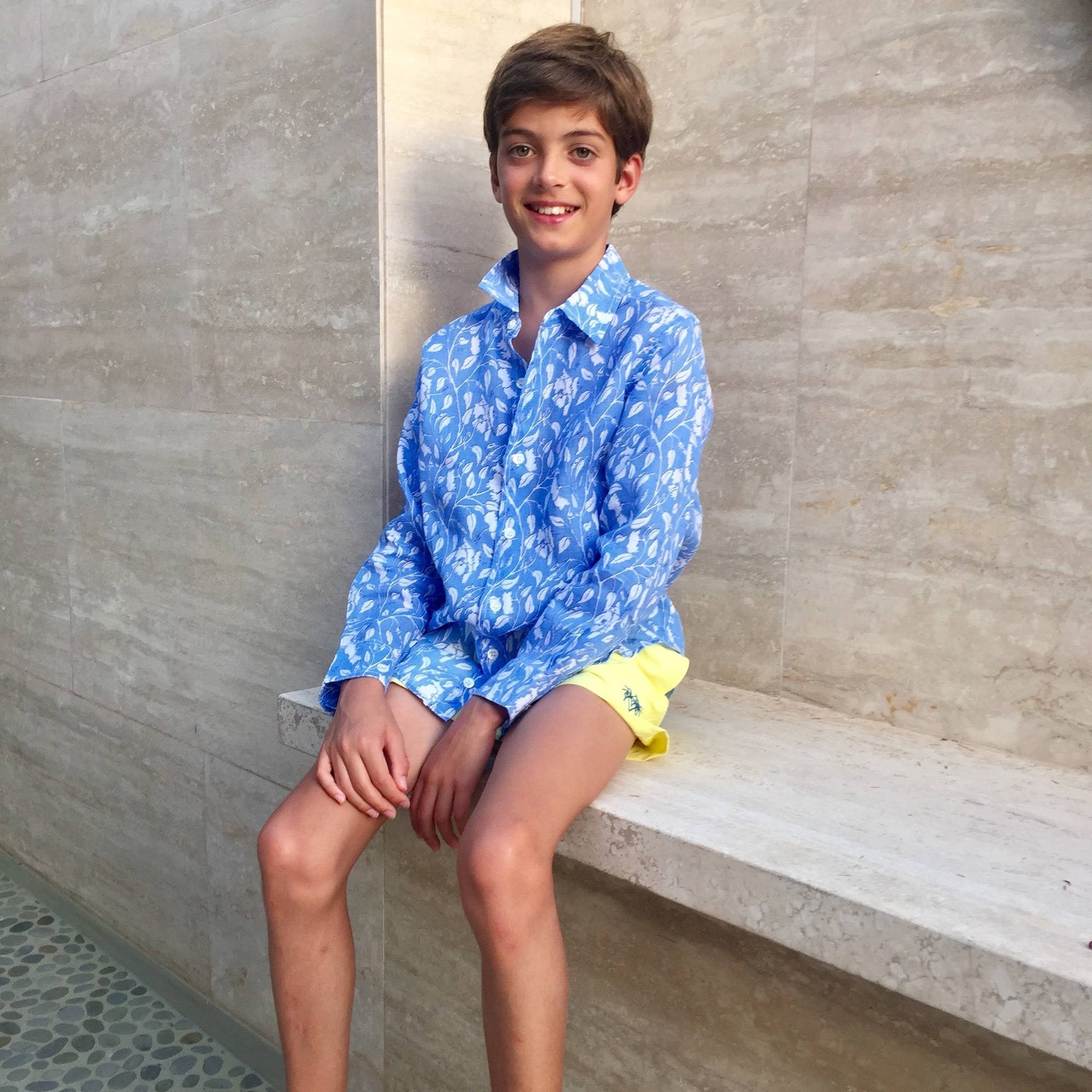 Boys Linen Shirt (Hibiscus, Blue) designer Lotty B for Pink House Mustique childrens range