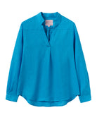 Women’s turquoise blue linen kim-style shirt by Pink House Mustique, lightweight relaxed fit summer top
