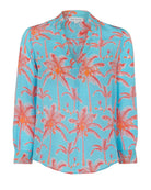 Womens silk Kim blouse in Plantation sunset orange and turquoise print by designer Lotty B for Pink House