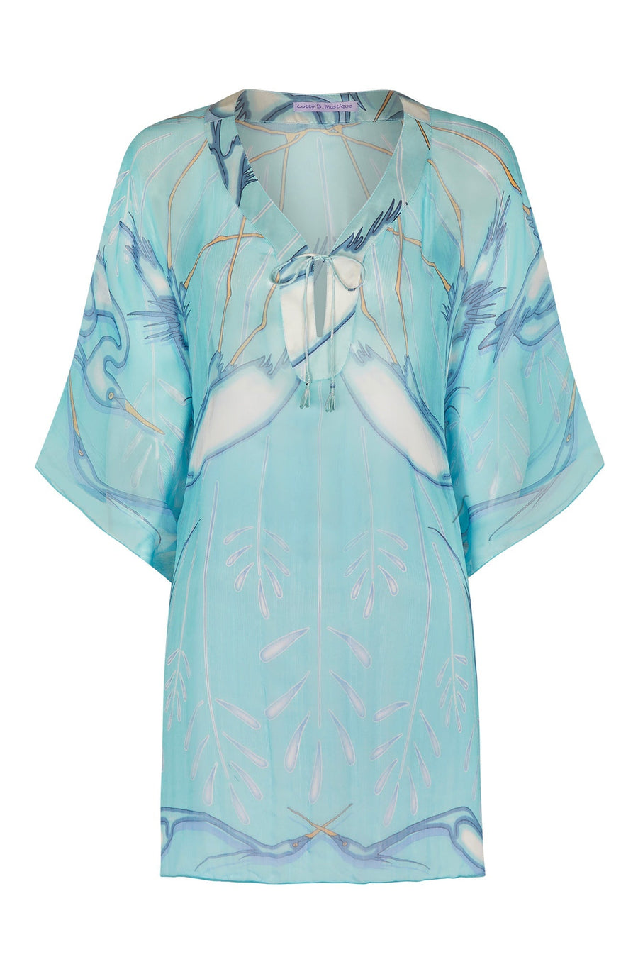 Elegant resortwear, chiffon silk Cosima Kaftan in blue Egret design, Clonsilla, Mustique