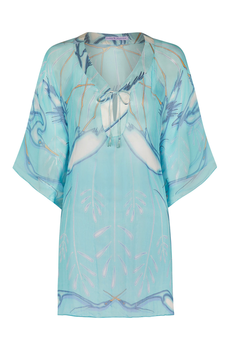 Elegant resortwear, chiffon silk Cosima Kaftan in blue Egret design, Clonsilla, Mustique
