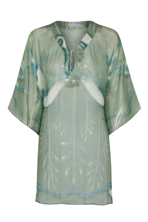 Chiffon silk Cosima Kaftan in lichen green Egret design by resortwear designer Lotty B Mustique