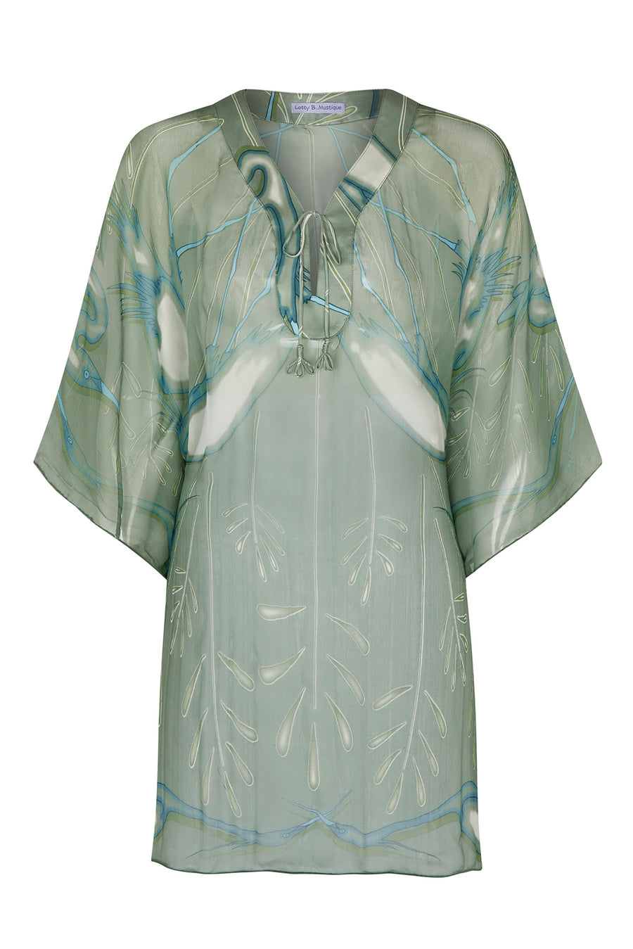 Designer beach wear, chiffon silk Cosima Kaftan in lichen green Egret design, Cotton House Hotel, Mustique