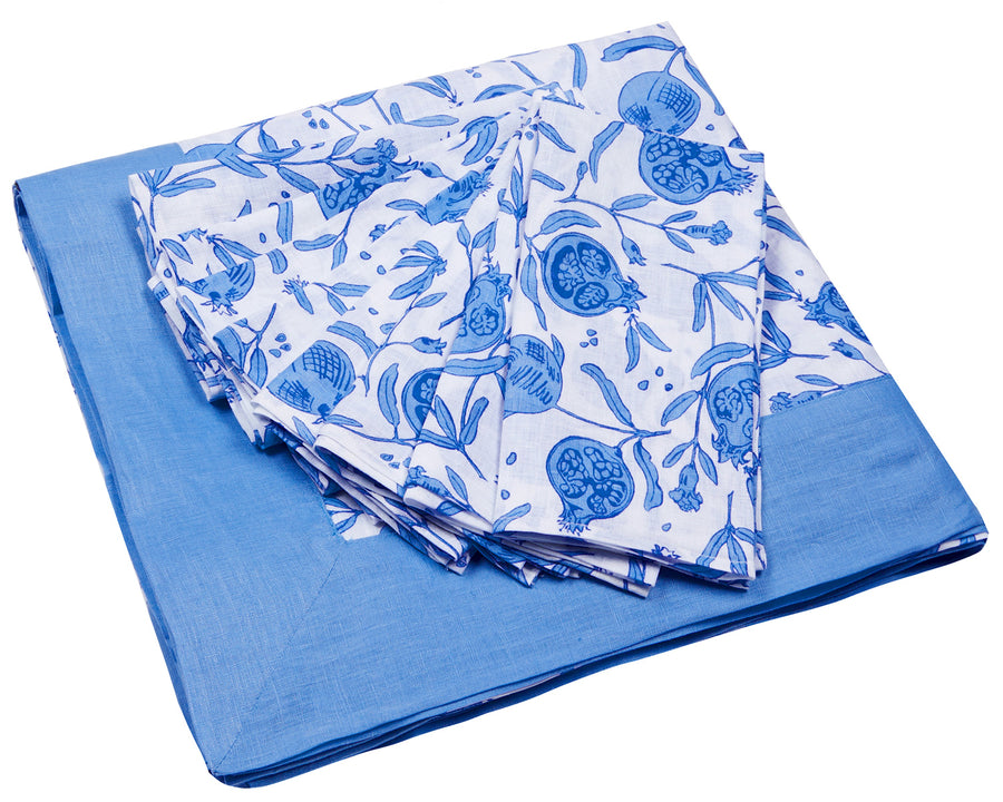 Tablecloth & Napkin set: POMEGRANATE BLUE fabric print designed by British fashion & interiors designer Lotty B for Pink House Mustique