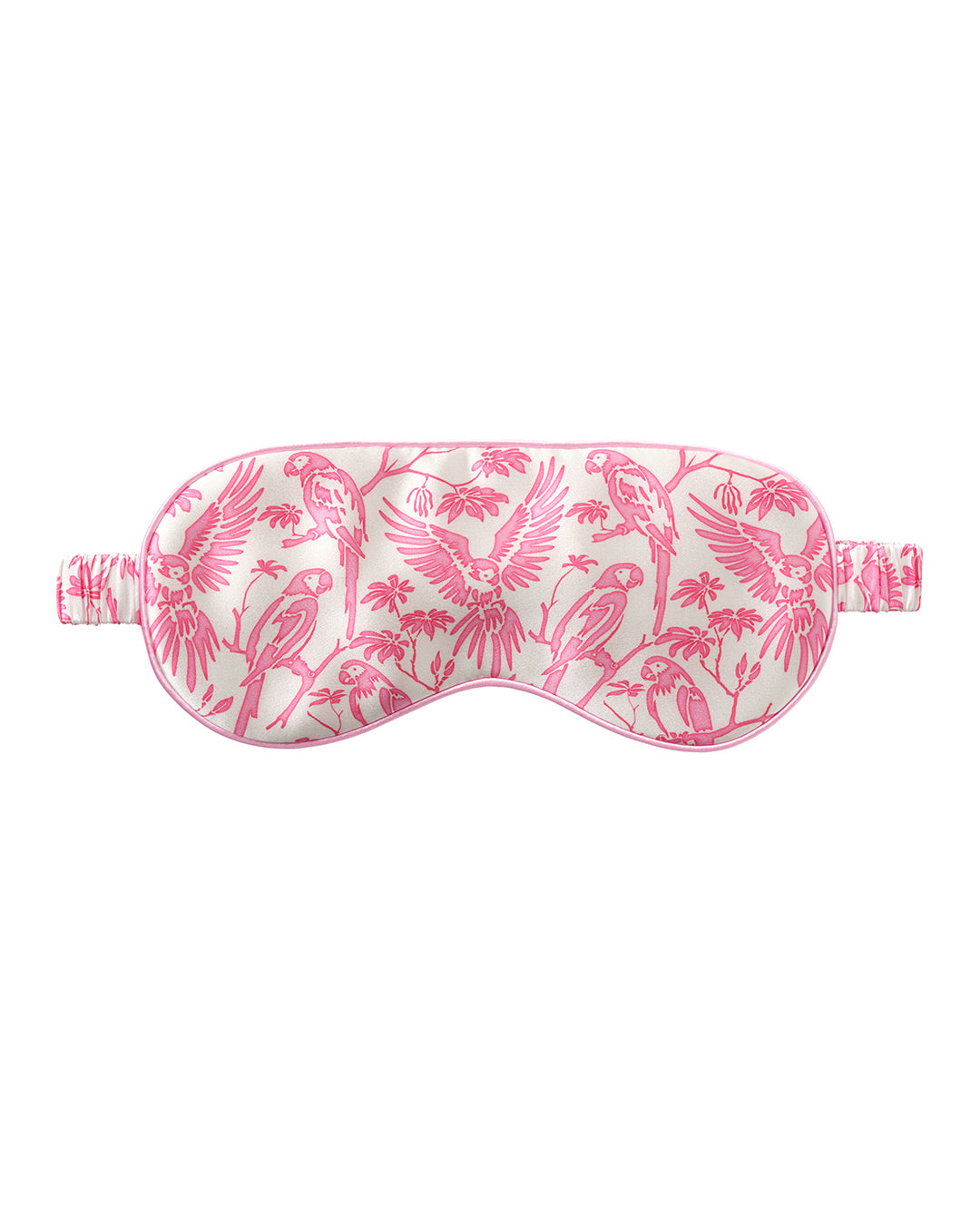 Pink House silk eye mask in Parrot Pink print – soft luxury sleepwear accessory by Lotty B, perfect for travel, sleep, and gifting.