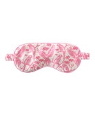 Pink House silk eye mask in Parrot Pink print – soft luxury sleepwear accessory by Lotty B, perfect for travel, sleep, and gifting.