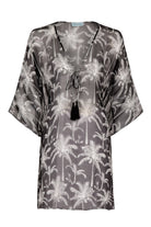 Silk Chiffon Cosima Kaftan in Plantation dusk black and white print by designer Lotty B for Pink House