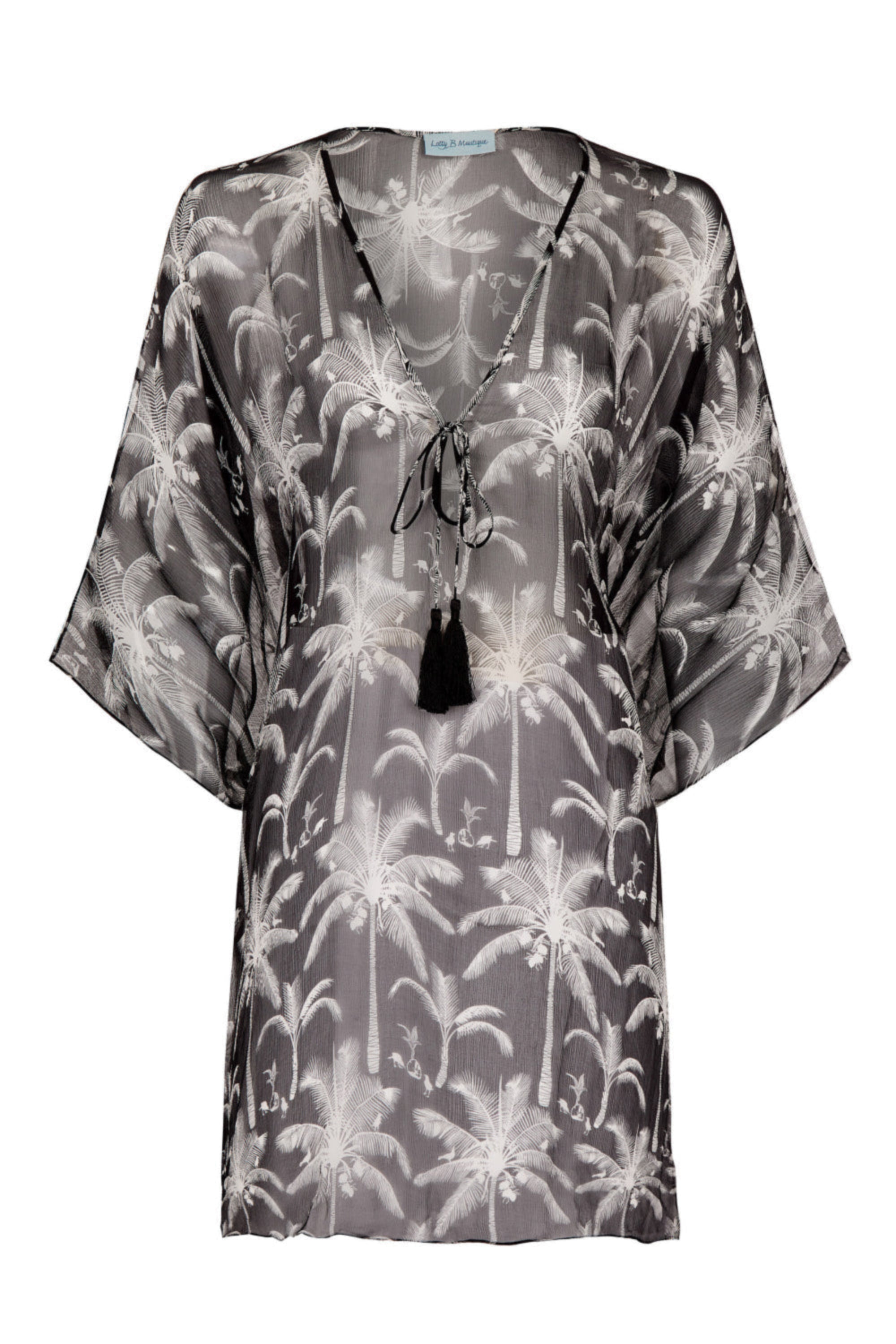 Silk Chiffon Cosima Kaftan in Plantation dusk black and white print by designer Lotty B for Pink House