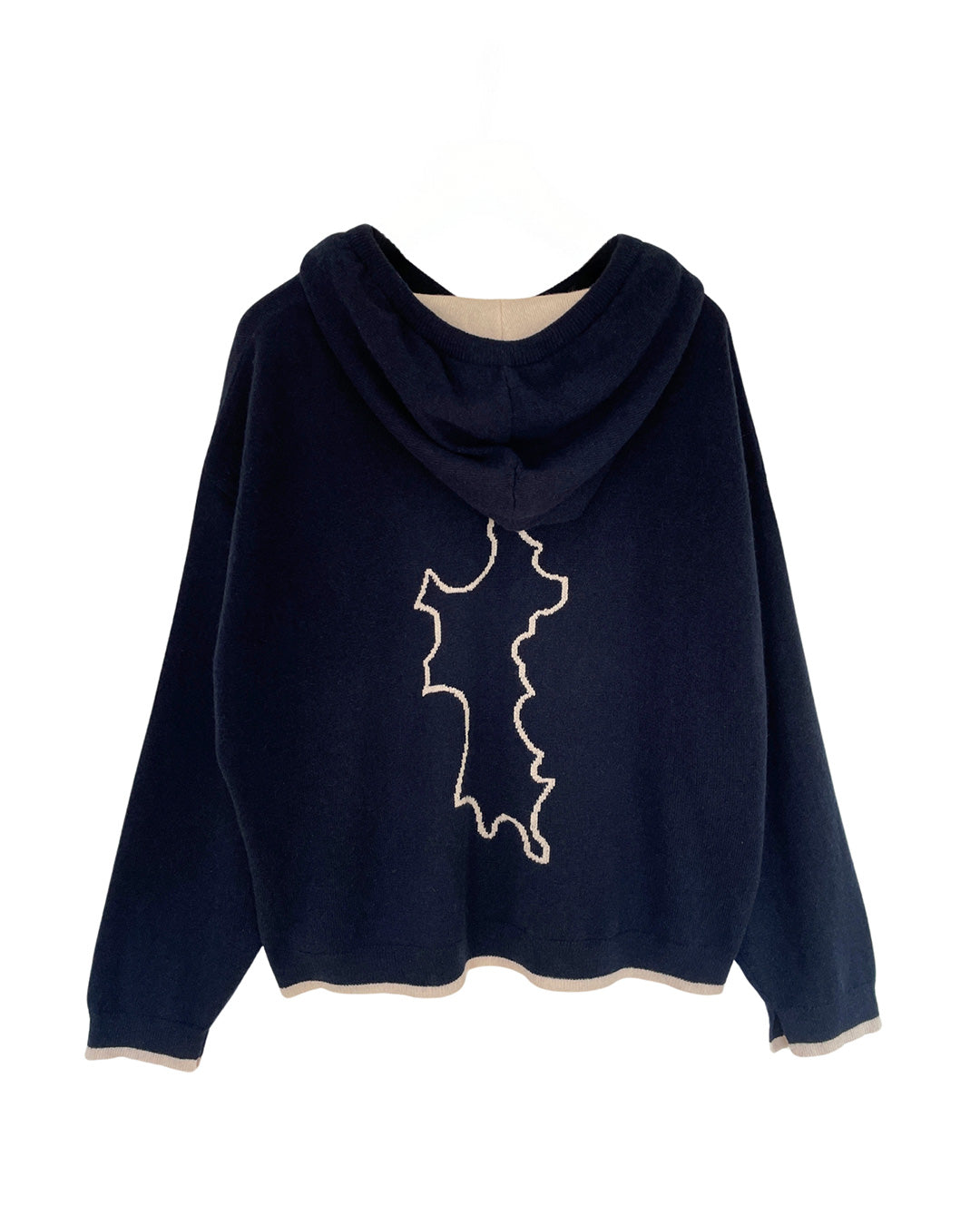 Pink House x Malin Darlin navy cashmere hoodie with Mustique island outline on back – luxury knitwear inspired by island life.