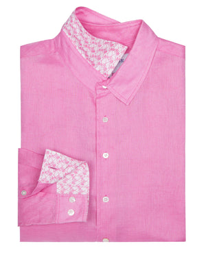 Mens designer Linen Shirt by Lotty B for Pink House Mustique in plain Fuchsia Pink