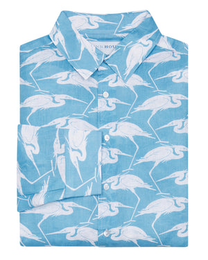Mens Linen Shirt Turquoise Blue Egret print by designer Lotty B Mustique