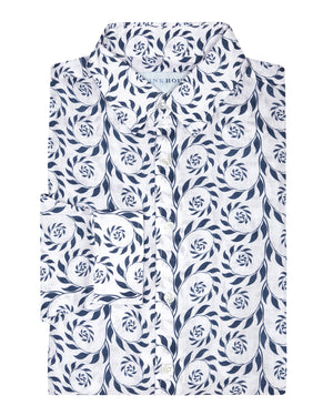 Mens linen shirt in Fern Navy print by designer Lotty B