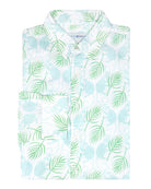 Mens linen shirt in Monkey & Palm pale blue & green print by designer Lotty B