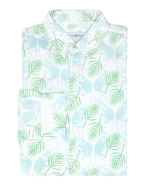 Mens linen shirt in Monkey & Palm pale blue & green print by designer Lotty B
