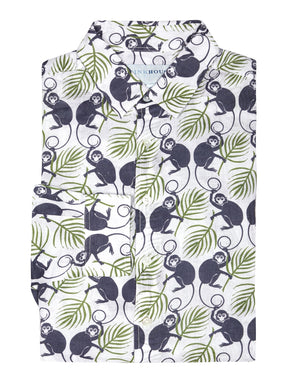 Mens Linen Shirt: MONKEY and PALMS - PLUM/GREEN