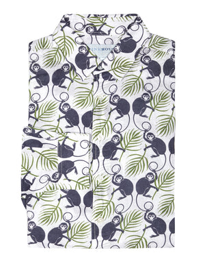 Mens linen shirt in Monkey & Palm plum navy & green print by designer Lotty B