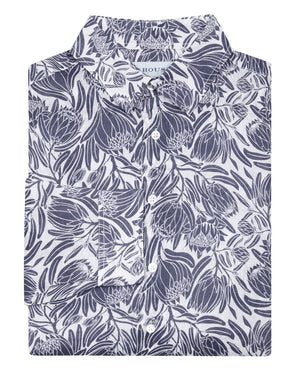 Mens linen shirt in aubergine navy blue Protea print by Lotty B for Pink House Mustique