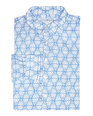 Mens linen shirt in Shelltop blue print by designer Lotty B