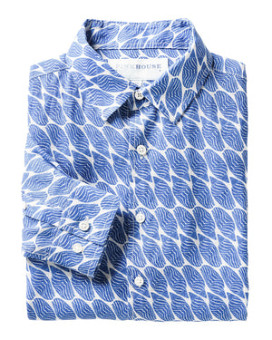 Men's linen shirt in blue Striped Shell print designer Lotty B Mustique