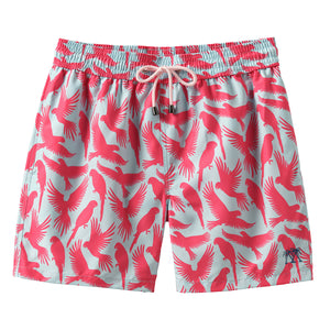 Men's swim shorts in turquoise blue and coral red Parrot print by designer Lotty B