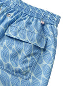 Back pocket detail of men's swim shorts in blue Striped Shell print, recycled fabric by Pink House 