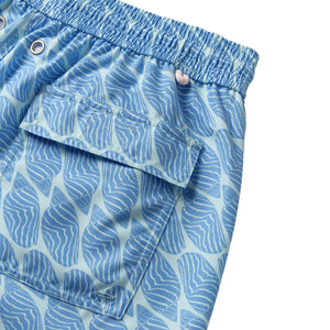Men's swim shorts back pocket detail in blue Striped Shell print by designer Lotty B