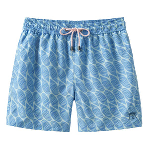 Men's swim shorts in blue Striped Shell print by designer Lotty B