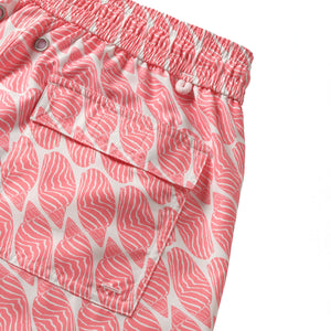Men's swim shorts back pocket detail in coral pink Striped Shell print by designer Lotty B