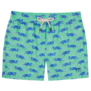 Sustainable Mens swim shorts in green & blue Egret bird print by Lotty B Mustique
