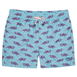 Sustainable Mens swim shorts in blue Egret bird print by Lotty B Mustique