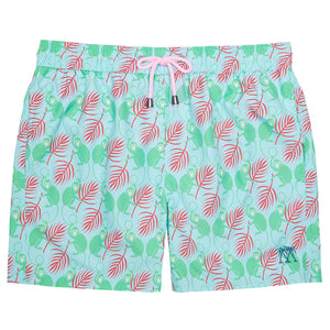 Mens swim shorts: MONKEY and PALMS - GREEN/PINK