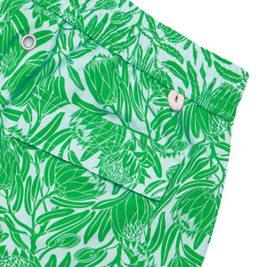Quality mens swim shorts in green and blue floral protea print