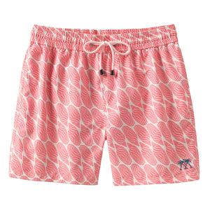 Men's swim shorts in coral pink Striped Shell print by designer Lotty B