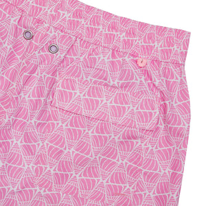 Men's quick dry swim shorts in pink Shelltop print back pocket detail