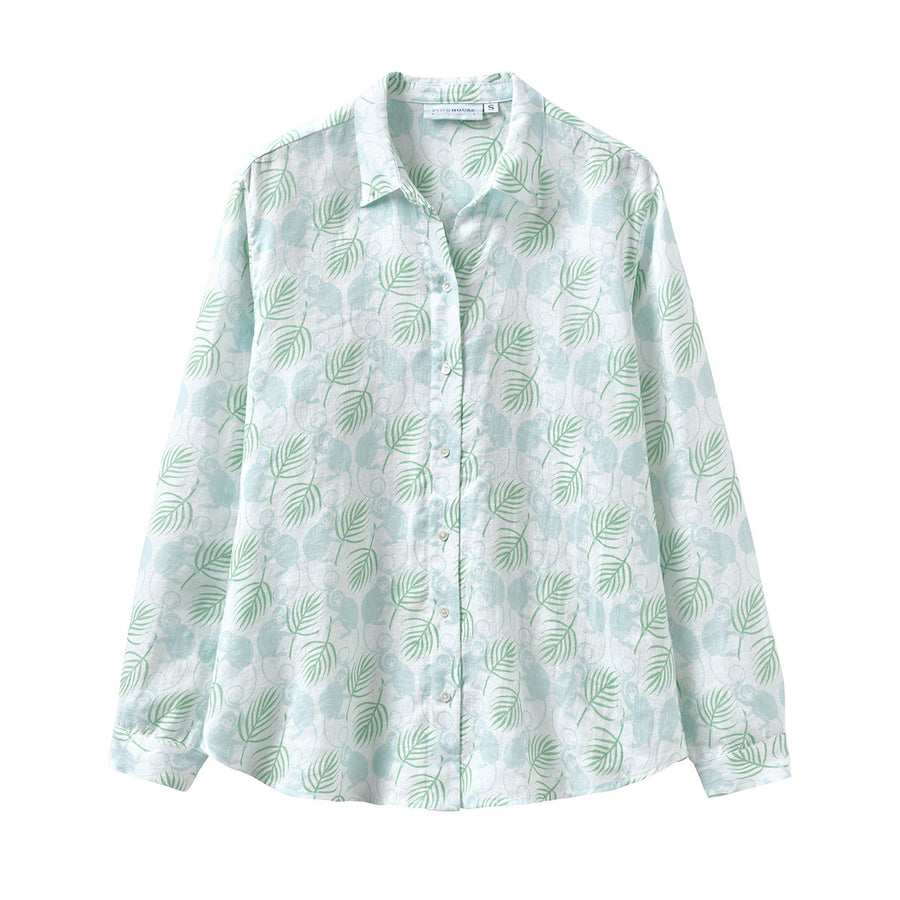 Linen Anastasia Shirt: MONKEY and PALMS - PALE BLUE/GREEN