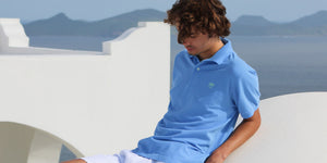 Mens pure cotton blue polo shirt holiday villa life