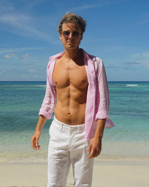 Men's beach holiday shirt in plain pale pink linen