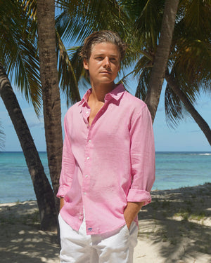 Fuchsia pink mens linen holiday shirt