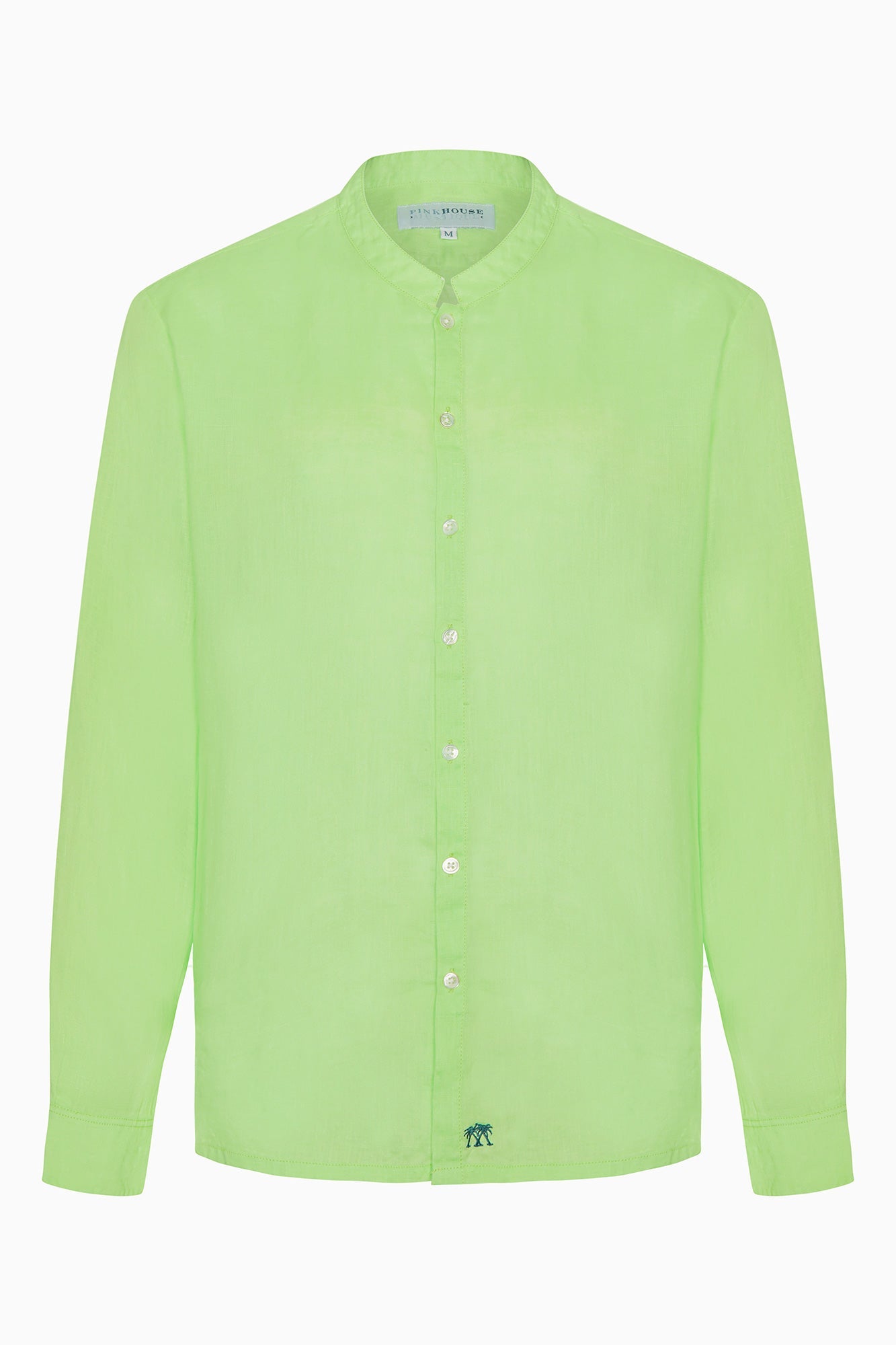 Mens Collarless Linen holiday shirts : Pistachio Green. Designer Lotty B for Pink House Mustique