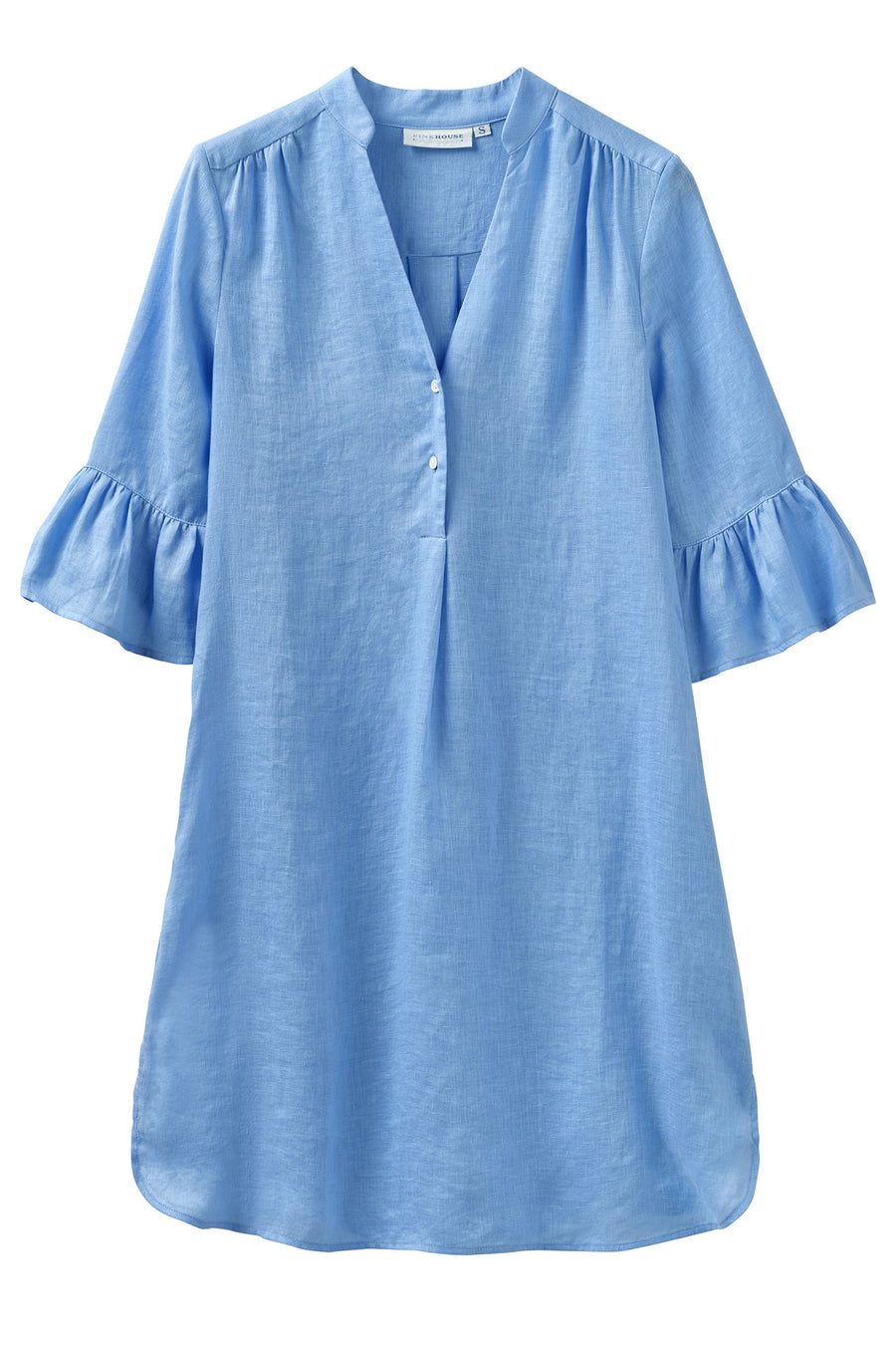 Summer lifestyle womens pure linen Decima dress with gathered sleeves in plain French blue