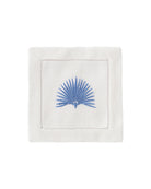 Pure linen cocktail napkin with azure blue embroidered fan palm design