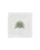 White linen cocktail napkin with sage green embroidered fan palm motif