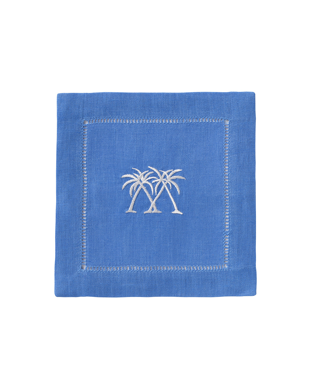 Pure linen cocktail napkin blue with white embroidered crossed palm trees – tropical island table linen